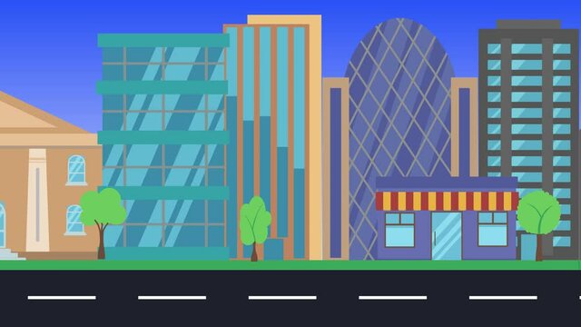 flat animation of city background, front view of modern architectural buildings and road 