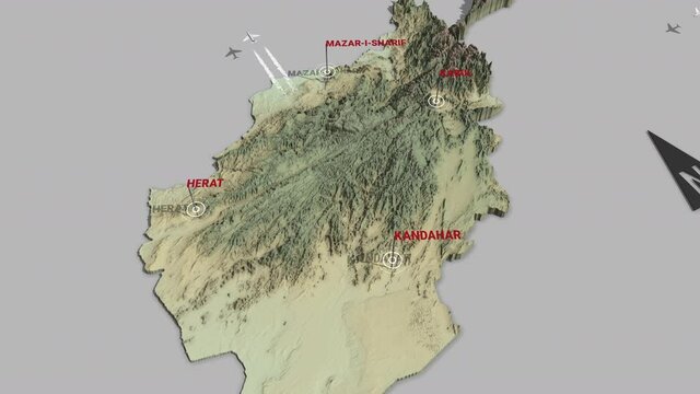 Seamless looping animation of the 3d terrain map of Afghanistan with the capital and the biggest cites in 4K resolution