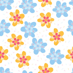 Fototapeta na wymiar Colourful floral seamless pattern. Summer background of blue and yellow flowers.