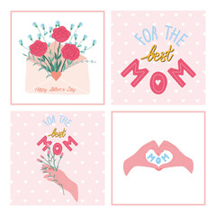 Mother's Day greeting cards set. Colourful bouquet of spring flowers in cute envelope. Bouquet of elegant flowers in hand. Hand heart gesture with "Mom" lettering inside.