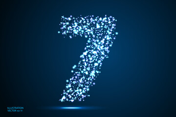 Abstract number seven, figure 7, consisting of triangles, circles, spots of decay, stars. Vector eps 10.