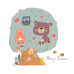 Cartoon Funny Animals sitting on Tree. Hello Summer