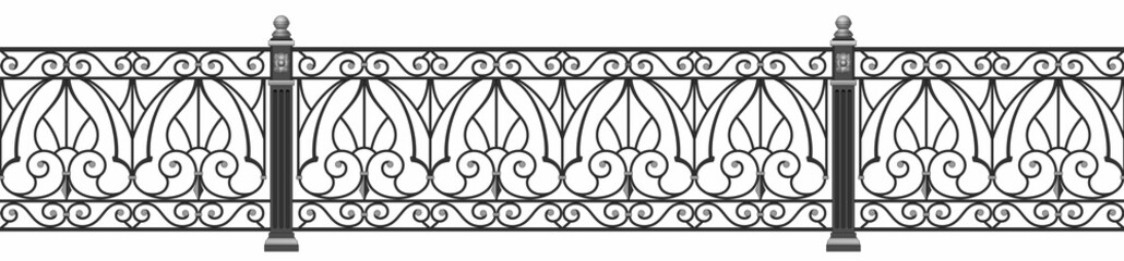 Fototapeta na wymiar Iron railings for the city. Art Nouveau. Blacksmithing. Urban design. Balcony. Terrace. Facades. Classic architecture. Template for architectural projects. Iron fence. Isolated. White background. 