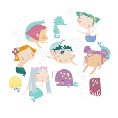 Cartoon Set with little Mermaids. Under the Sea