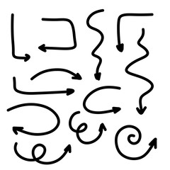 Arrows are of different shapes. Abstract symbol for direction and path indication. Set of Sketch doodle. Turn and return.