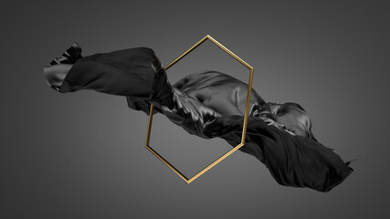 3d render, abstract dramatic fashion wallpaper. Modern minimal composition with black silk fabric,...