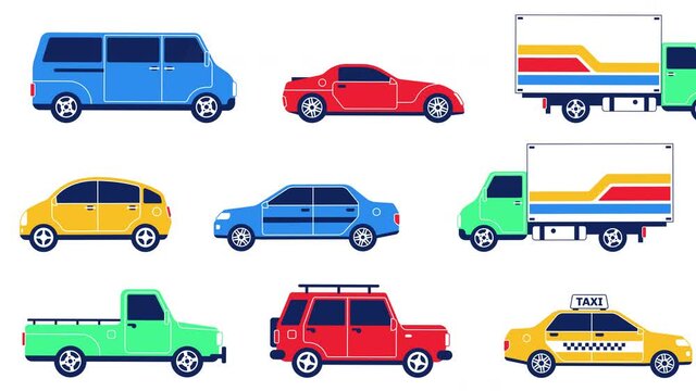 Cartoon car traffic loop 2D animation with alpha channel. Multicolored cars video pattern.