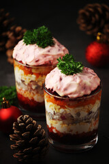 Dressed herring or herring under fur - traditional Russian salad