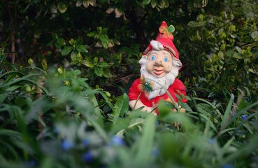 Vintage red ceramic gnome hidden behind the grass in the garden.