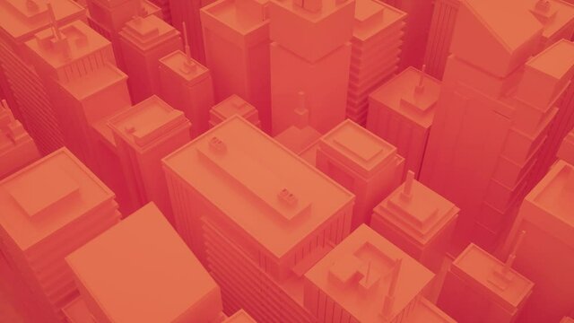 Abstract city with skyscrapers. Camera moves through abstract isometric city. Seamless loop background