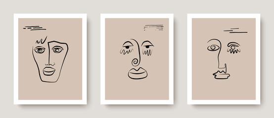Trendy abstract designer greeting cards with faces in pastel colors.Applicable for banners, postcards, invitations, office design, home decor.