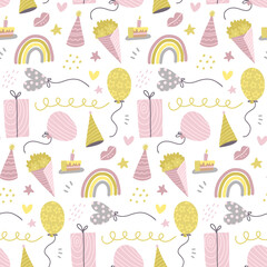 Seamless pattern with cute hand drawn gift boxes, baloon, buquete, hats and rainbow. Colorful decorative doodle party elements. Celebration Birthday, Holidays, New Year. Vector flat illustration.