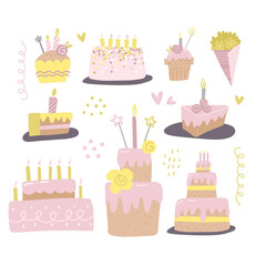 Set of different cakes with candles. Design for birthday greeting card, gift tag, . Hand drawn vector illustration in flat style.