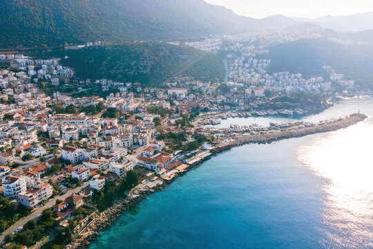 Aerial view of Kas resorts and city with amazing blue and clear lagoon in Turkey