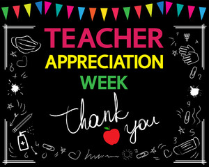 Teacher appreciation week concept. Thank you, teacher, white vector lettering on blackboard. Garland and school patterns.
