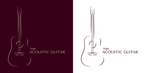 An example of an acoustic guitar logo in minimalism. A set of two options. Smooth outline lines. Burgundy and white color. - obrazy, fototapety, plakaty