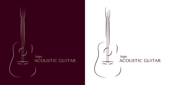 An example of an acoustic guitar logo in minimalism. A set of two options. Smooth outline lines. Burgundy and white color.