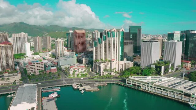 Honolulu skyline. Aerial view of Waikiki beach and Ala Moana. Oahu is the third largest Hawaiian island. United States.