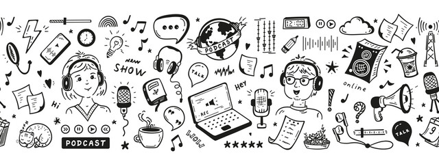 Podcast Show Equipment and Items Seamless Banner. Vector Border Pattern with Hand Drawn Doodle Man and Woman Speaking in Microphone. Workplace of Radio Host or Blogger. - obrazy, fototapety, plakaty