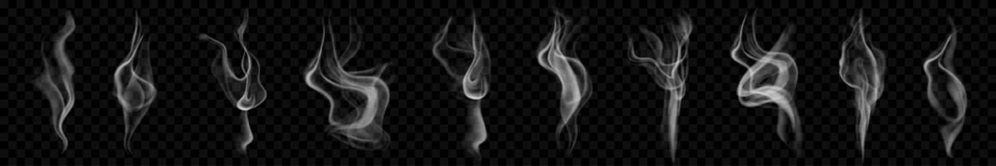 Set of several realistic transparent smoke or steam in white and gray colors, for use on dark background. Transparency only in vector format © Olga Moonlight