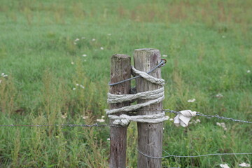 Two weathered fence posts tied together with natural ropes.  The guards are part of a fence with barbed wire, behind the fence a meadow with green grass