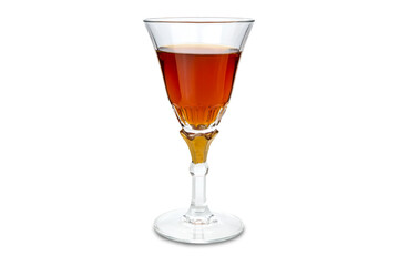 Marsala wine in goblet glass with gold decoration. Isolated on white, copy space