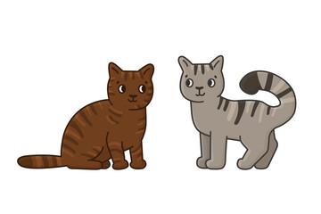 Cute cartoon brown and gray cats. Vector outline doodle isolated hand drawn illustration on white background. One kitten sits and looks to the right, second - stands or going to somewhere, looks left