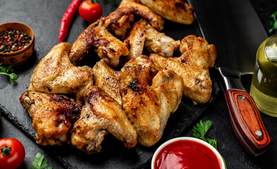 grilled chicken wings with spices on a stone background