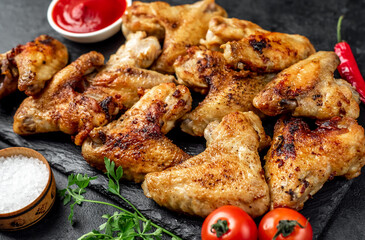grilled chicken wings with spices on a stone background