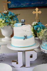 First Communion cake and dessert table