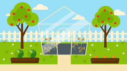 garden plot with greenhouse and high beds organic farming