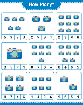 Counting game, how many Camera. Educational children game, printable worksheet, vector illustration