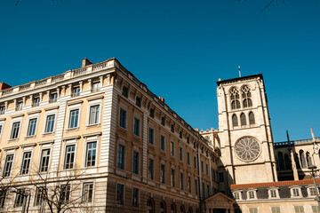 Lyon Cathedral in front of blue sky, French: Cathédrale Saint-Jean-Baptiste de Lyon
