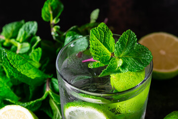 Detox refreshing drink with ice, lime and aromatic mint leaves on dark background. 