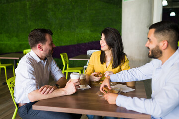 Colleagues chatting during the lunch break