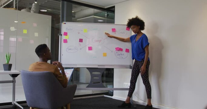 African american businesswoman standing at whiteboard giving presentation to colleague