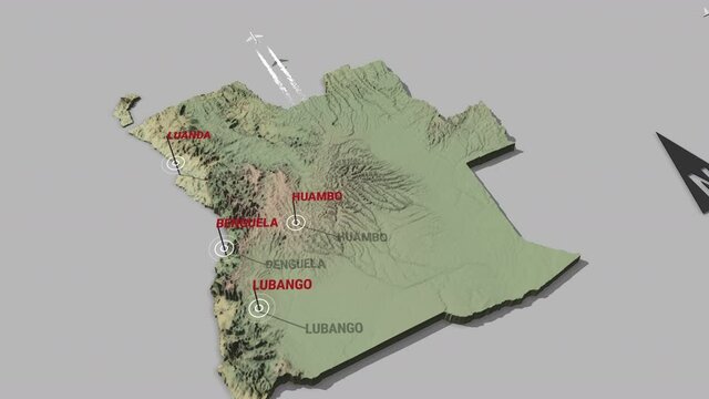 Seamless looping animation of the 3d terrain map of Angola with the capital and the biggest cites in 4K resolution