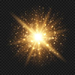 Obraz premium Glowing starburst with sparkles and rays. Golden light flare effect with stars and glitter isolated on transparent background. Vector illustration of shiny glow light effect with dust, gold lens flare