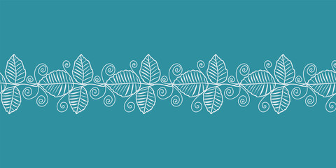 Vector white Lineart rose leaves horizontal seamless pattern with hand-drawn flowers on blue background