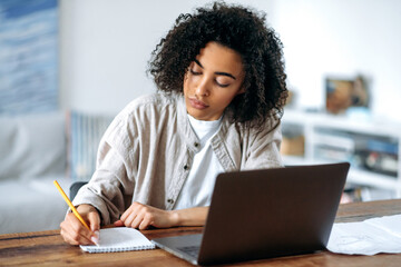 Focused confident smart african american curly haired girl in casual clothes, freelancer or...