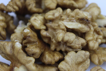 Walnut kernel up close. Fruit nut. Walnut fruit. Food background.