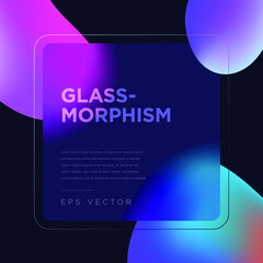 Liquid abstract shapes on black background. Transparent square shape in glass morphism or glassmorphism style. Transparent and blurred card. Vector illustration.