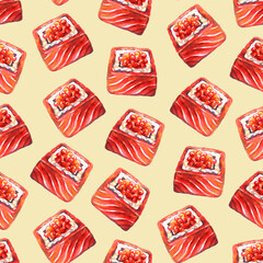 Seamless pattern japanese food sushi with salmon watercolor