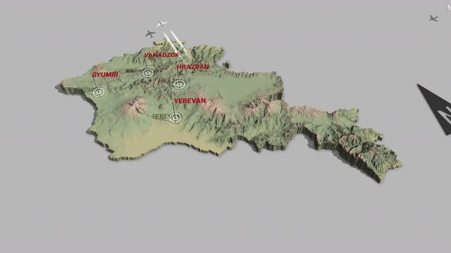 Seamless looping animation of the 3d terrain map of Armenia with the capital and the biggest cites in 4K resolution