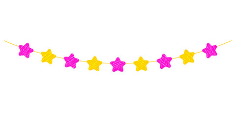 A garland of pink and yellow stars. Thread with ornaments. A holiday attribute. Vector