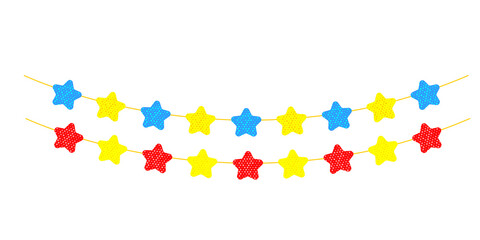 Garland of colored stars-gold, blue, red . Thread with ornaments. A holiday attribute. Vector