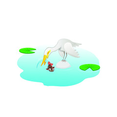 Kawaii illustration of Egret flying chest with eggs Animal