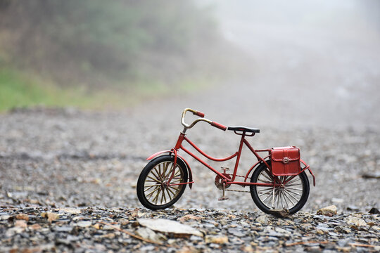 Vintage red metal bicycle in the misty forest 
