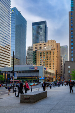 Toronto, Canada - June 6, 2018: BMO (Bank of Montreal) main branch in Financial District of Toronto, Canada. The Bank of Montreal is a Canadian multinational investment bank.