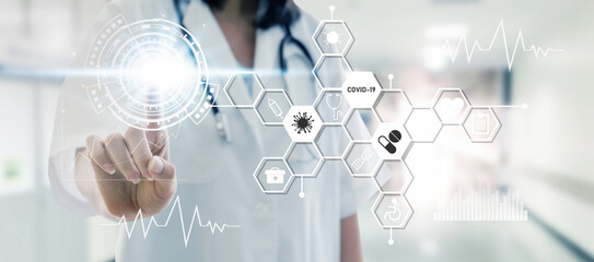 female doctor hand pointing touching data digital icon hologram in laboratory lab on hospital background, virus outbreak, network, coronavirus, covid-19 technology, innovation, medical, future concept